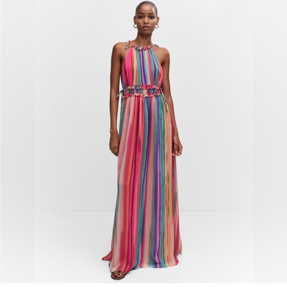 Mango Multicolor Striped Halter Maxi Dress
